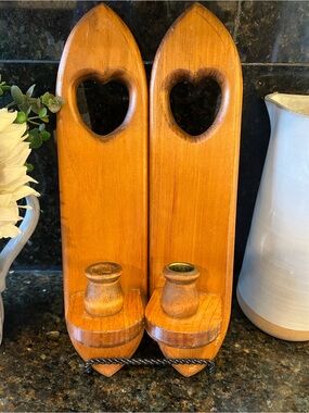 Set of 2 Vintage Wooden Heart Wall Sconce Candle Holders